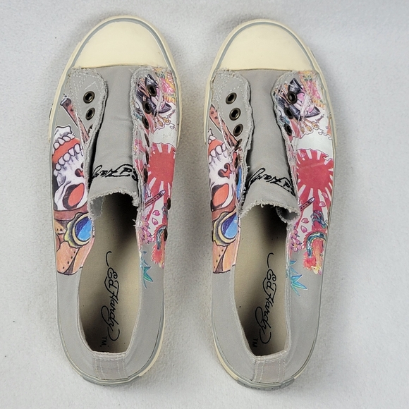 Ed Hardy Laceless Sneakers Men's Shoes Size 9 Gray Slip-On Skulls Japanese Sun - Picture 11 of 14